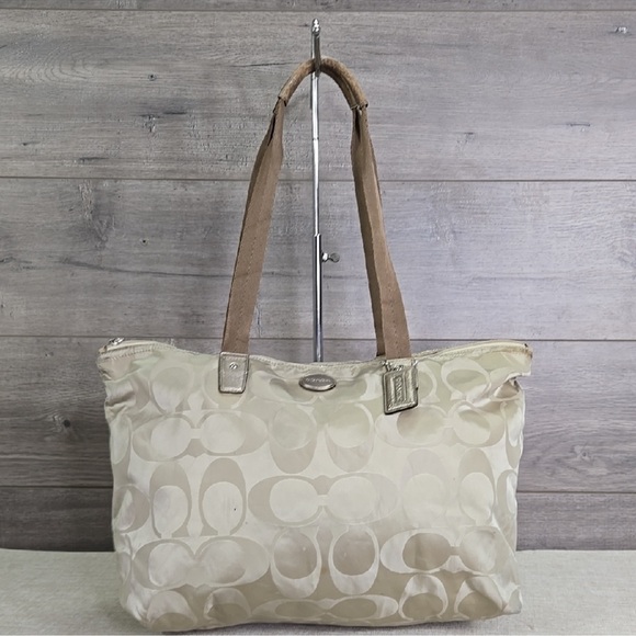 Coach Tan CC Signature Nylon Tote Bag With leather Trim - Picture 1 of 11